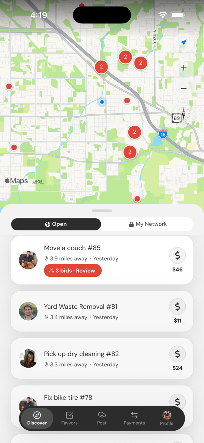 The Discover screen: a map with favvor pins and a list of nearby requests