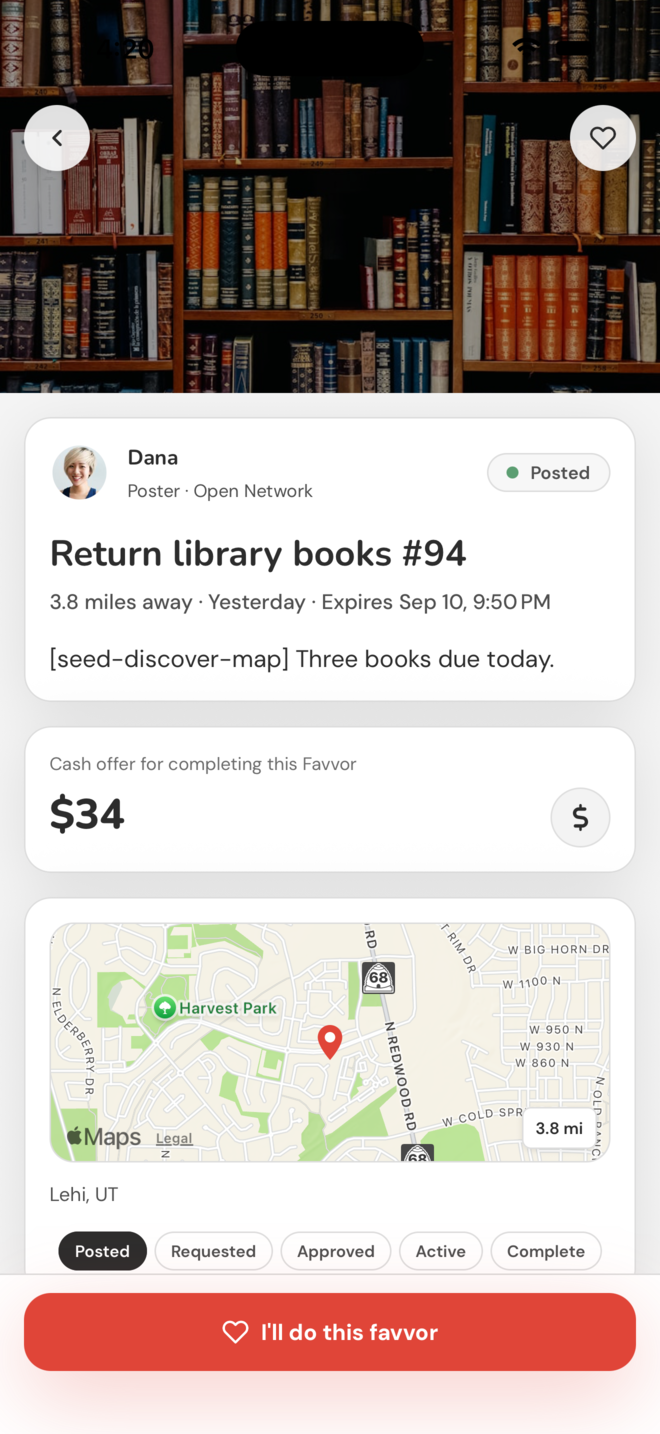 A favvor detail screen with a $34 cash offer and an “I’ll do this favvor” button