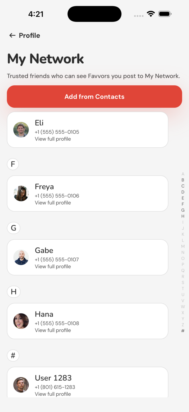 The My Network screen listing trusted friends added from contacts