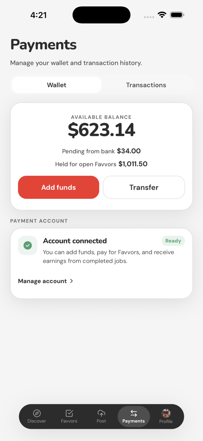 The Payments screen showing an available balance and connected payout account