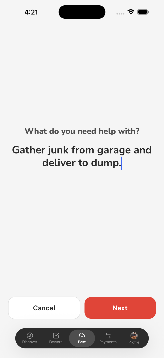 The Post screen asking “What do you need help with?”